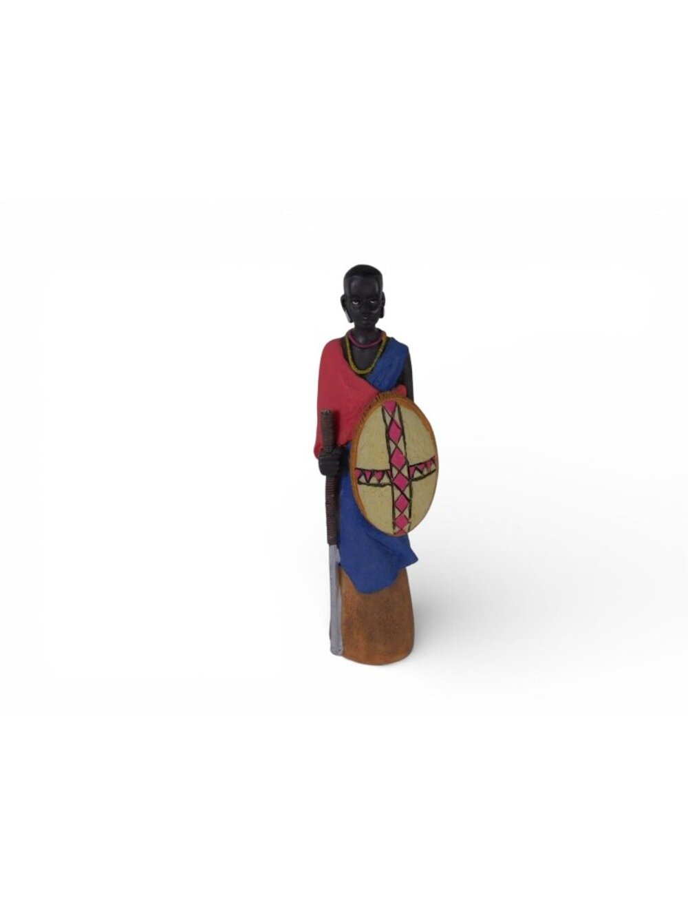 Small African Warrior Figurine Shield Spear Red Blue Tribal Decor Statue